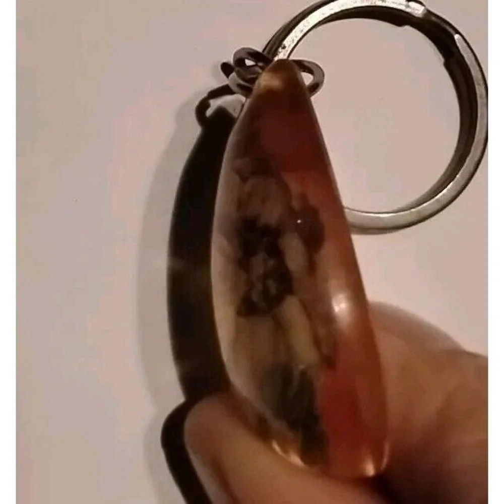 Vtg Yellow‎ Lucite Teardrop Keychain flower inlay acrylic lavender purple white